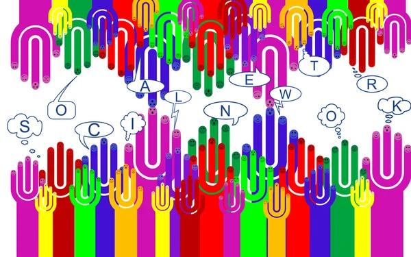 Feliz grupo de emoticonos dedo con signo de chat social, vector — Vector de stock