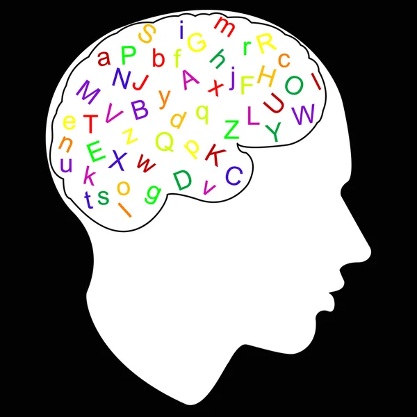 Bunte Buchstaben im Gehirn, Vektor — Stockvektor