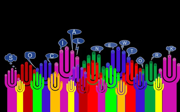 Mutlu grup sosyal sohbet işareti ile parmak suratlar vektör — Stok Vektör