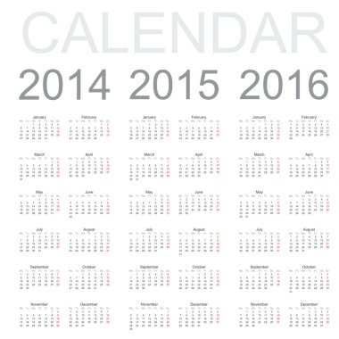 basit takvim yıl 2014, 2015, 2016, vektör