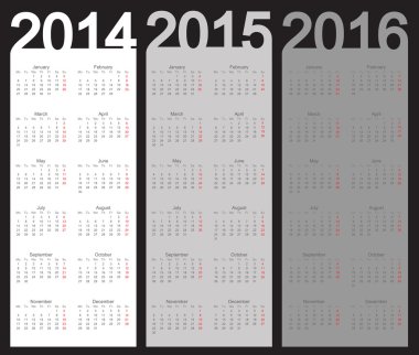 basit takvim yıl 2014, 2015, 2016, vektör