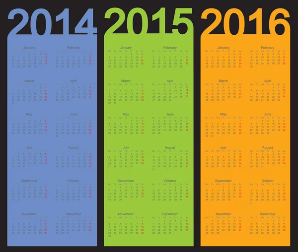 Año calendario simple 2014, 2015, 2016, vector — Archivo Imágenes Vectoriales