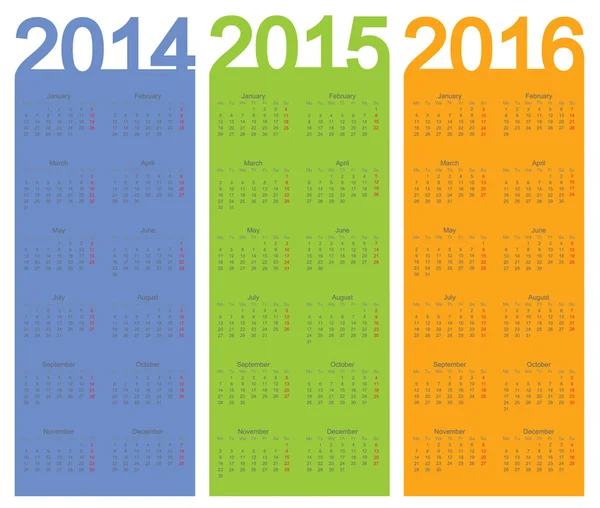 Semplice anno di calendario 2014, 2015, 2016, vettore — Vettoriale Stock