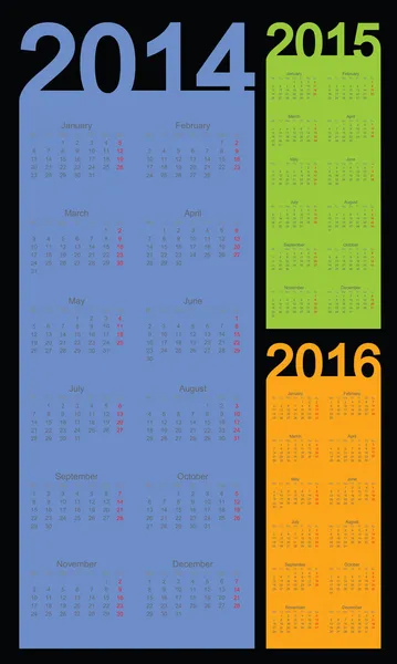 Año calendario simple 2014, 2015, 2016, vector — Archivo Imágenes Vectoriales