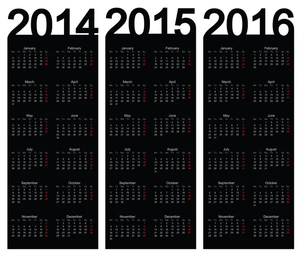 Año calendario simple 2014, 2015, 2016, vector — Vector de stock