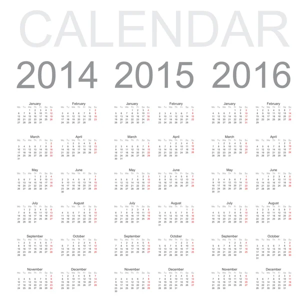 Einfaches Kalenderjahr 2014, 2015, 2016, Vektor — Stockvektor