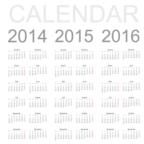 Año calendario simple 2014, 2015, 2016, vector — Vector de stock