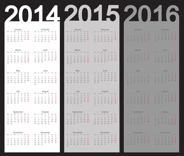 Año calendario simple 2014, 2015, 2016, vector — Vector de stock