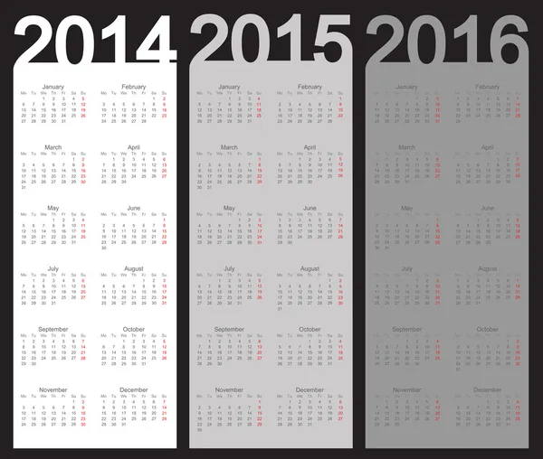 Ano civil simples 2014, 2015, 2016, vetor — Vetor de Stock