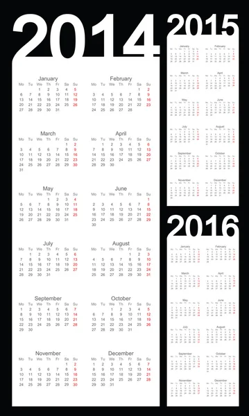 Año calendario simple 2014, 2015, 2016, vector — Archivo Imágenes Vectoriales