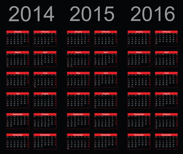 Año calendario simple 2014, 2015, 2016 — Archivo Imágenes Vectoriales