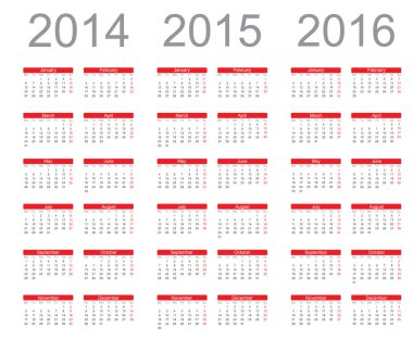 basit takvim yıl 2014, 2015, 2016, vektör