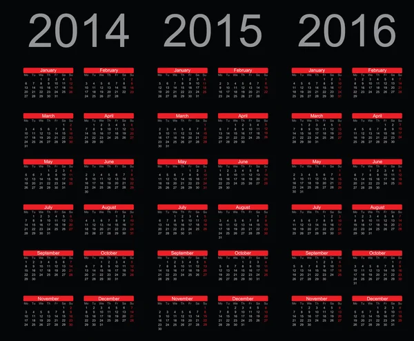 Año calendario simple 2014, 2015, 2016, vector — Archivo Imágenes Vectoriales