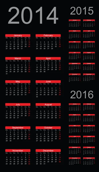 Año calendario simple 2014, 2015, 2016, vector — Archivo Imágenes Vectoriales