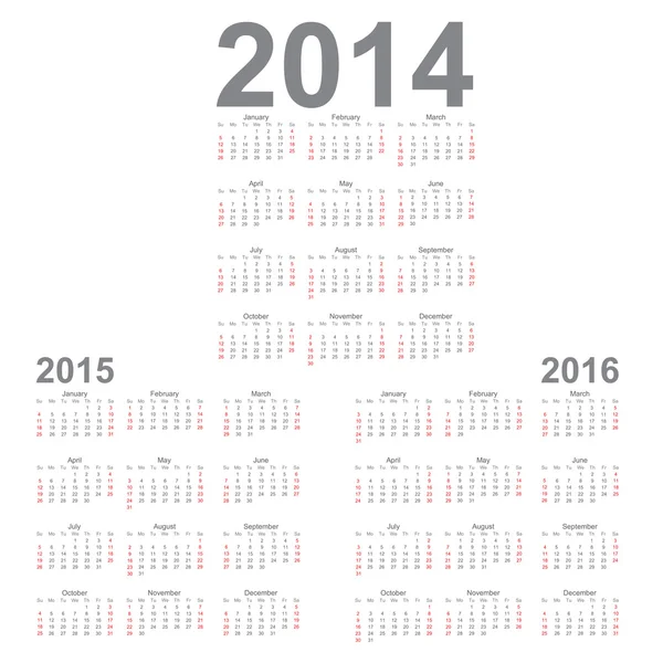 Año calendario simple 2014, 2015, 2016 — Archivo Imágenes Vectoriales