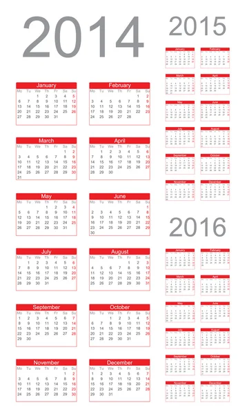 Año calendario simple 2014, 2015, 2016, vector — Archivo Imágenes Vectoriales