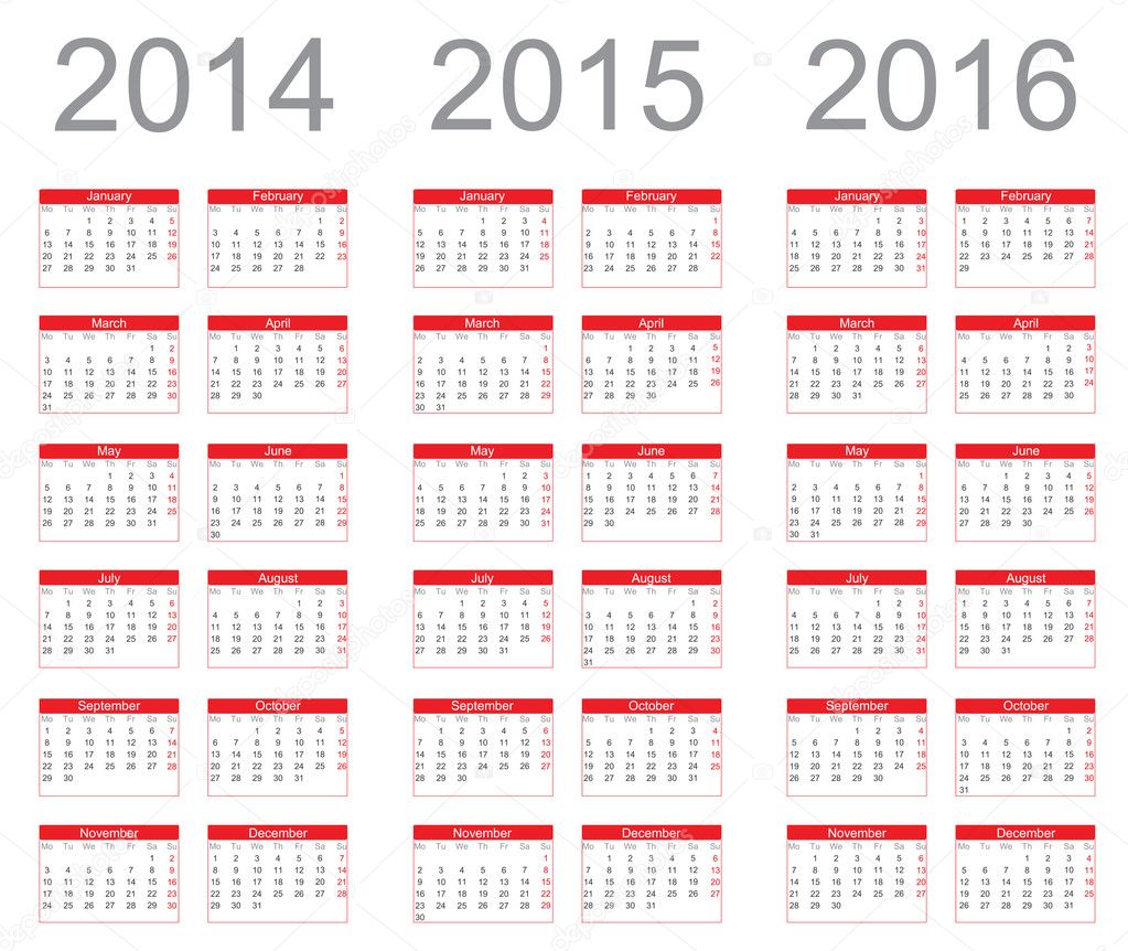 Simple Calendar year 2014, 2015, 2016