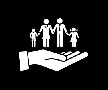 Aile Elleri bir sembol tutuyor. Sağlık, emeklilik, güvenlik, koruma ikonu. Ebeveynler ve çocuklar, vektör