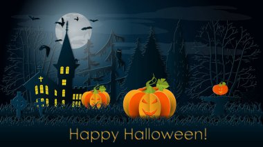 Happy Halloween Background with scary pumpkins on cemetery, Paper cut Layer  vector