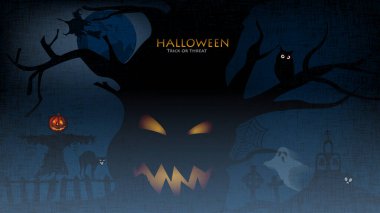 Happy Halloween background! Scarecrow, net and Spider, cat, witch, owl and big moon, October 31 Greeting Card, Vector Illustration.