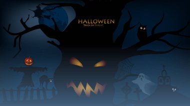 Happy Halloween background! Scarecrow, net and Spider, cat, witch, owl and big moon, October 31 Greeting Card, Vector Illustration.