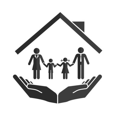 Aile evi. Eller bir sembol tutuyor. Ev güvenliği ikonu. İpotek, konut, vektör