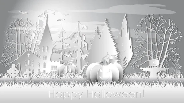 Happy Halloween Background Scary Pumpkins Cemetery Paper Cut Layer Vector Stock Vector