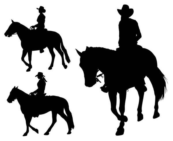 Kovboy kız sürme at silhouettes — Stok Vektör