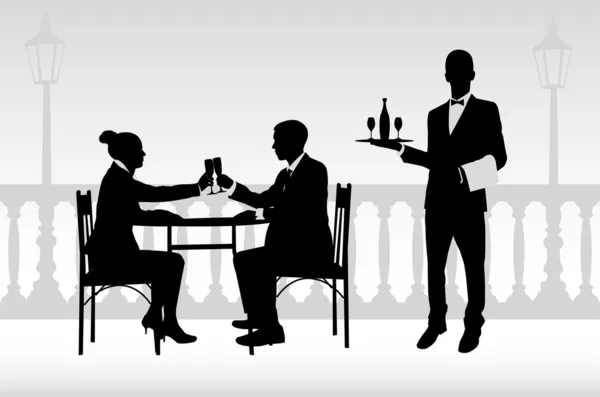 Couple in the restaurant and waiter serving them — Stock Vector