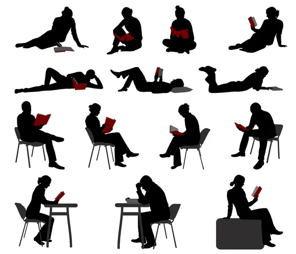 Silhouettes de personnes lisant des livres — Image vectorielle