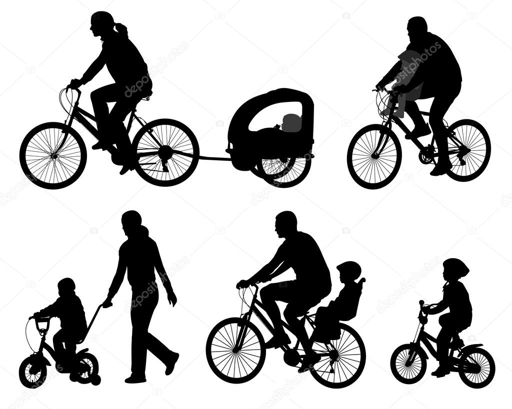 Parents riding bicycles with their kids silhouettes