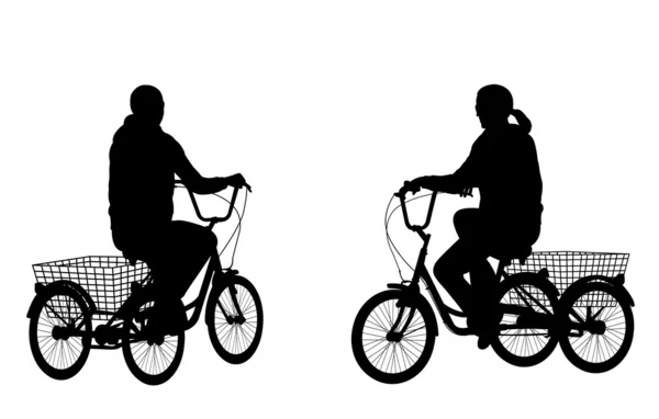 Ung kvinna ridning trehjuling silhuetter — Stock vektor