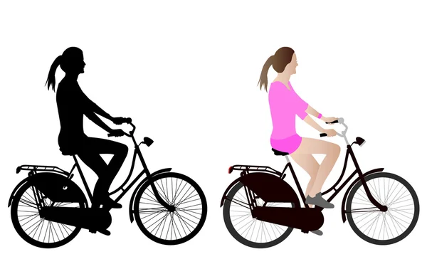 Kvinnlig cyklist siluett och illustration — Stock vektor