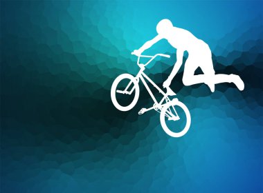 Mavi soyut arkaplanda BMX bisikletçi silueti - vektör