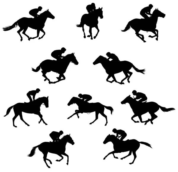 Carreras Caballos Jinetes Siluetas Vector — Vector de stock