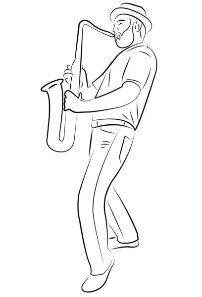 Músico Toca Saxofone Ilustração Arte Linha Vecto — Vetor de Stock