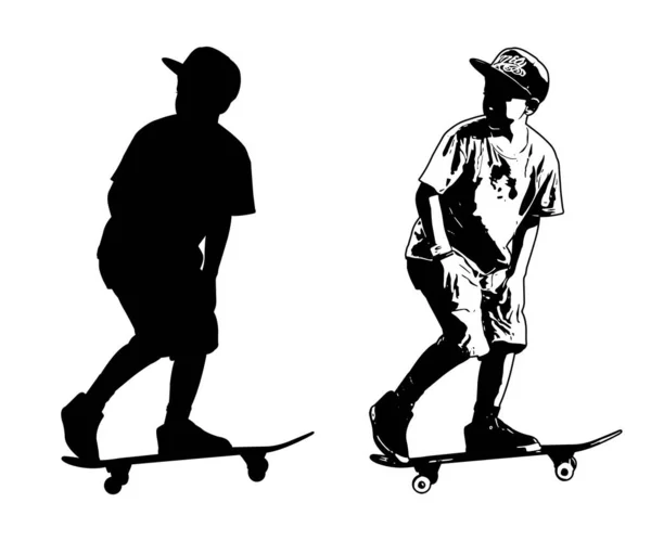 Skateboarder Kind Silhouette Und Skizze Illustration Vektor — Stockvektor