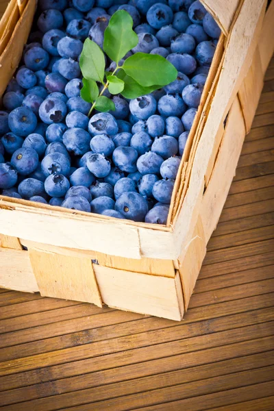 木製のテーブルに新鮮な甘いブルーベリーがいっぱい入ったかご — ストック写真