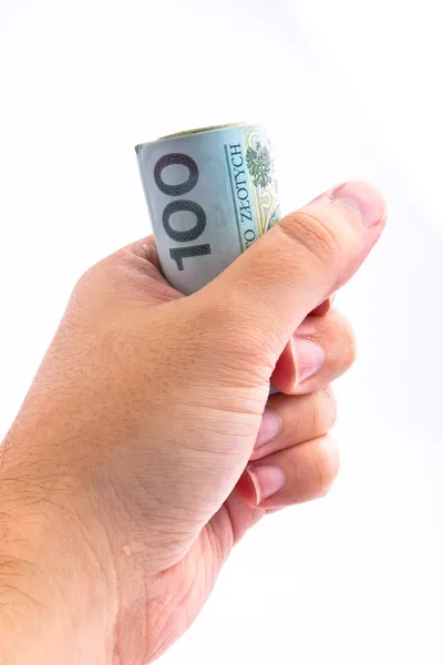 View of hand holding several polish one hundred banknotes — Stock Photo, Image