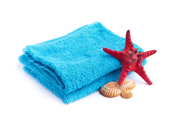 Blue towel with red starfish isolated on white background — Stock Photo, Image