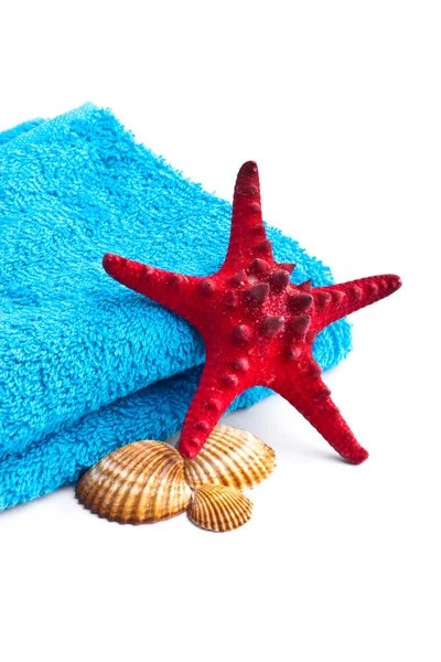 Blue towel with red starfish isolated on white background — Stock Photo, Image