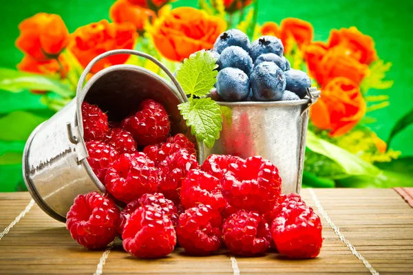 Ízletes gyümölcsöt bogyók a fém kis vödör — Stock Fotó