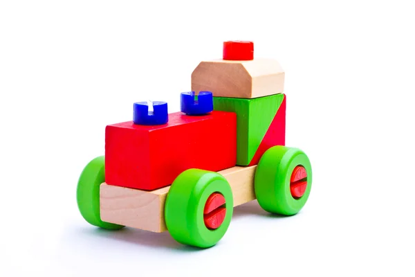 Ζωηρόχρωμο ξύλινο παιχνίδι τρένο απομονωθεί σε λευκό φόντο — Φωτογραφία Αρχείου