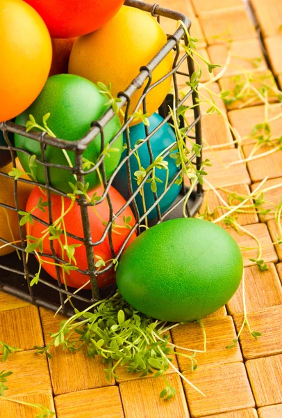 Beautiful decorative easter eggs in metal can — Stock Photo, Image