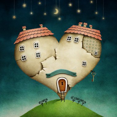 Illustration or poster with house in shape of heart.