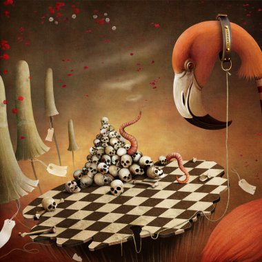Conceptual illustration for the fairy tale Alice in Wonderland with flamingo and mushrooms.