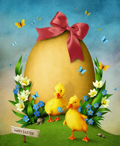 Greeting card with Easter egg and ducks Stock Image