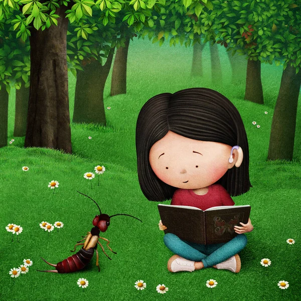 Fantasy illustration or poster of a girl sitting in a park on the grass reading a book. Computer graphics. 3D graphics.