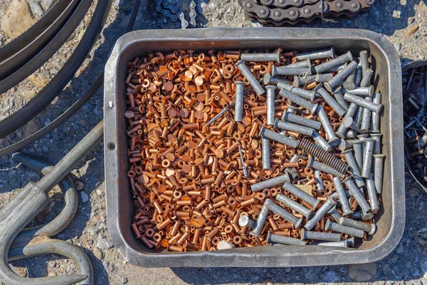 New Copper Rivets Metal Parts Tray — Stock Photo, Image
