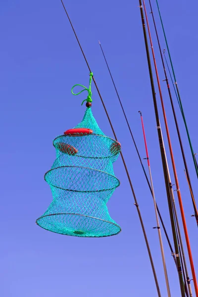 Fishing Poles Collapsible Fish Holding Net Cage — Stock Photo, Image